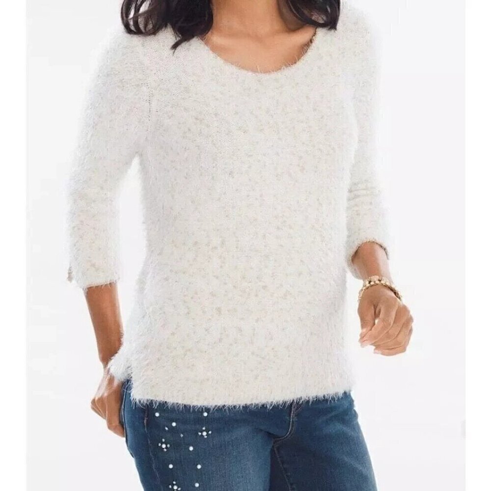 NEW Chico's Sweater Women's Size 2P Gold Eyelash‎ Fuzzy Holiday Bling Luxury